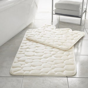 2-Piece Memory Foam Bath Sets: Plush Pebble Design, Soft, Absorbent, Non-Slip Bathroom Rug & Pedestal Mat Set
