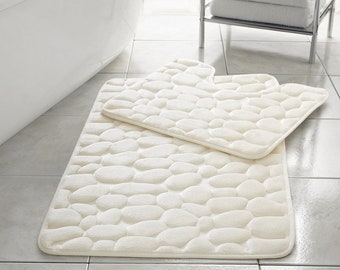 2-Piece Memory Foam Bath Sets: Plush Pebble Design, Soft, Absorbent, Non-Slip Bathroom Rug & Pedestal Mat Set