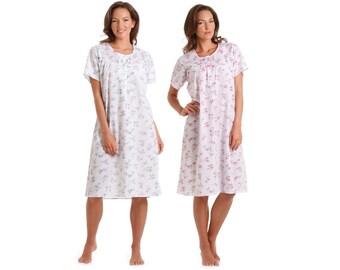 Ladies Cotton Blend Floral Print Lightweight knee Length Nightie Nightdress Size