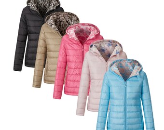 Damen Mädchen Wendejacke mit Kapuze Leichte Puffa Jacke Frauen Mantel Größe 10 - 18