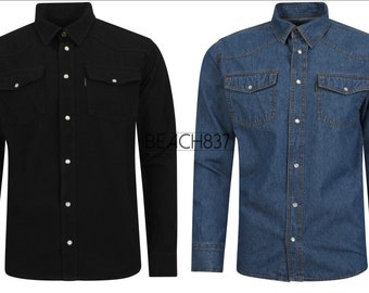 Mens Western Style Press Studs Poppers Pockets Denim Shirt Stonewash Black M-3XL