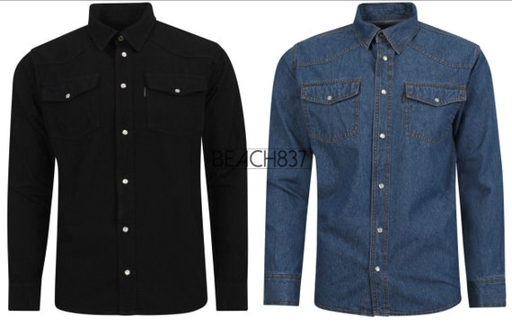 Mens Western Style Press Studs Poppers Pockets Denim Shirt