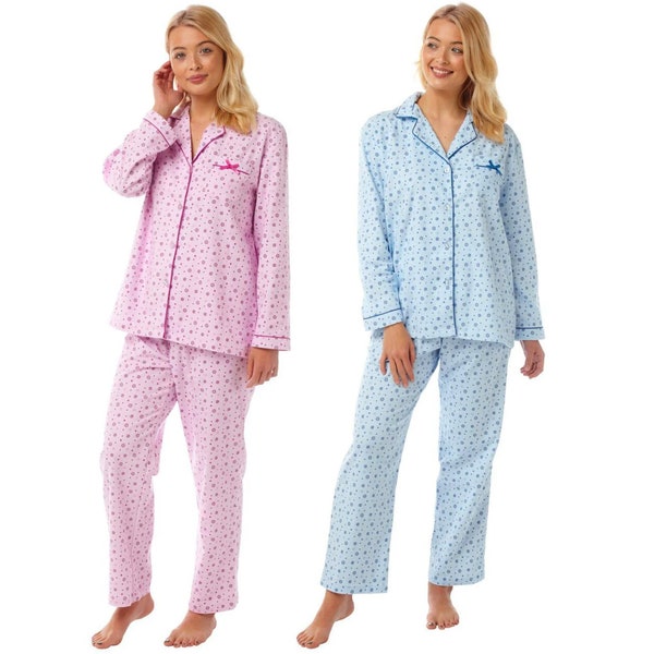 Ladies Soft Feel Brushed Cotton Warm Pyjama PJ Long Sleeved Set Size 10 to 24