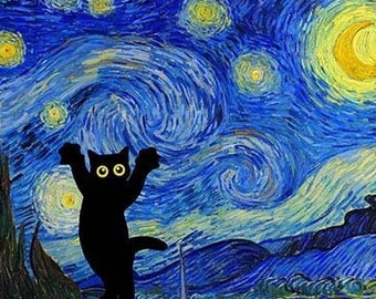 Cat Print Starry Night Vincent Van Gogh Black Cat Art, Van Gogh Starry Night Art Print Poster Instant Download, Funny Cat Print Funny Gift