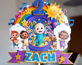 Personalised 3D cake topper melon birthday rainbow boy girl pink blue friends characters Personalised name and age custom with shaker