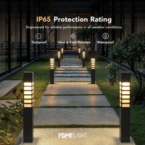 May include: A series of rectangular black outdoor bollard lights with horizontal illuminated slats lining a stone garden path. The text reads IP65 Protection Rating, Dustproof, Heat & Cold Resistant, Waterproof, and FONE LIGHT.