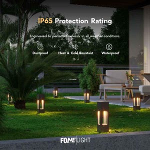 Può includere: Luci rettangolari da esterno per vialetti con finitura scura e pannelli luminosi verticali, posizionate su un prato. Il testo sull'immagine recita: IP65 Protection Rating, Engineered to perform flawlessly in all weather conditions, Dustproof, Heat & Cold Resistant, Waterproof, FONE LIGHT.