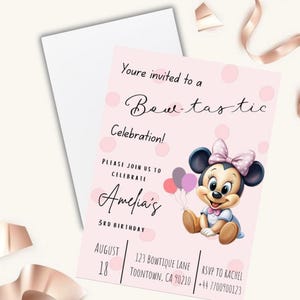Invito di compleanno di Minnie Mouse / Invito digitale modificabile / Modello per festa con fiocco rosa / Primo compleanno di una bambina / Download immediato