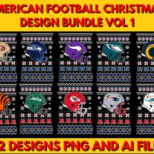 May include: A design bundle featuring American football helmets in various team colors, arranged in a grid pattern. The design includes text that reads "AMERICAN FOOTBALL CHRISTMAS DESIGN BUNDLE VOL 1" and "32 DESIGNS PNG AND AI FILE".