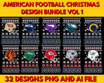 May include: A design bundle featuring American football helmets in various team colors, arranged in a grid pattern. The design includes text that reads "AMERICAN FOOTBALL CHRISTMAS DESIGN BUNDLE VOL 1" and "32 DESIGNS PNG AND AI FILE".