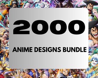 May include: A silver rectangle with the text "2000 Anime Designs Bundle" in black text. The background is a collage of anime characters.