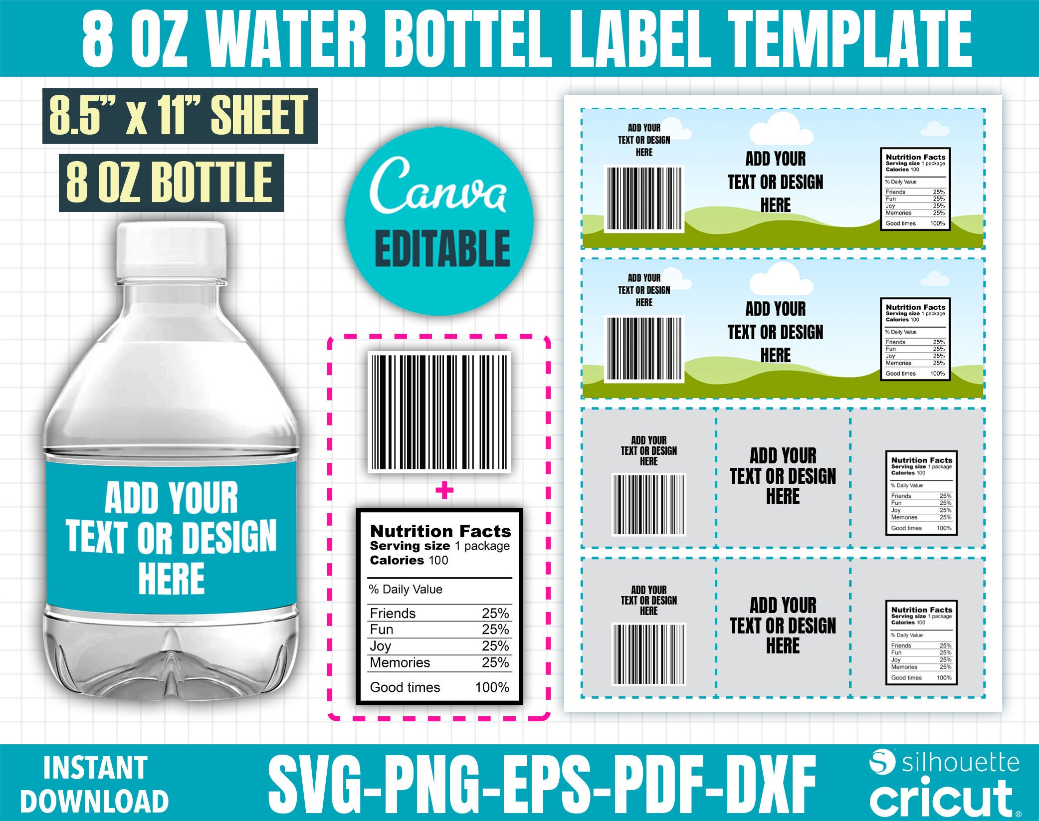 8oz Water Bottle Blank Label Template, Silhouette Studio