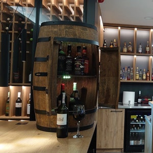 Wooden barrel cabinet with LED light and doors, wine rack with shelf, color wenge