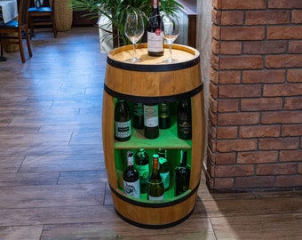 Wooden barrel cabinet with LED RGB, wine rack with shelf colour oak