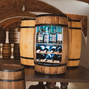 Wooden barrel cabinet with LED RGB, wine rack with shelf