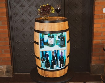 Wooden barrel cabinet with LED RGB, wine rack with shelf colour oak