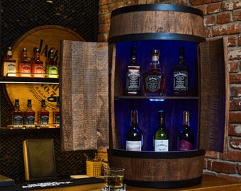 Wooden barrel cabinet with LED RGB and doors, wine rack with shelf, colour wenge