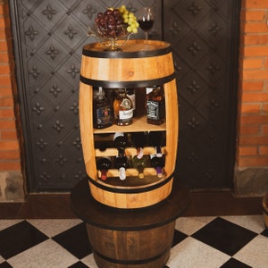 Wooden barrel cabinet, wine rack with shelf, oak color