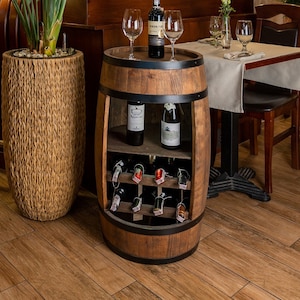 Wooden barrel cabinet, wine rack with shelf