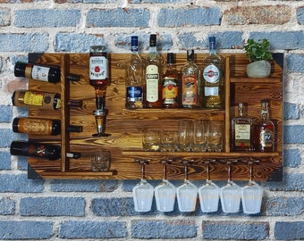 Estante de Madera con Dispensador de Bebidas | Estación dispensadora de alcohol montada en la pared | 120x60x14cm | Vintage y rústico | Regalo de camarero