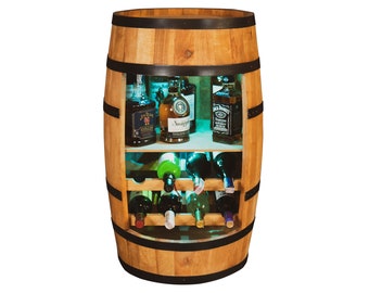 Wooden barrel cabinet with LED RGB, wine rack with shelf, oak color