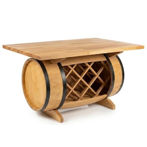 May include: A light brown wooden table featuring a rectangular top supported by a horizontal barrel base. The barrel includes black metal bands and an integrated lattice wine rack with multiple diamond-shaped storage compartments for bottles.