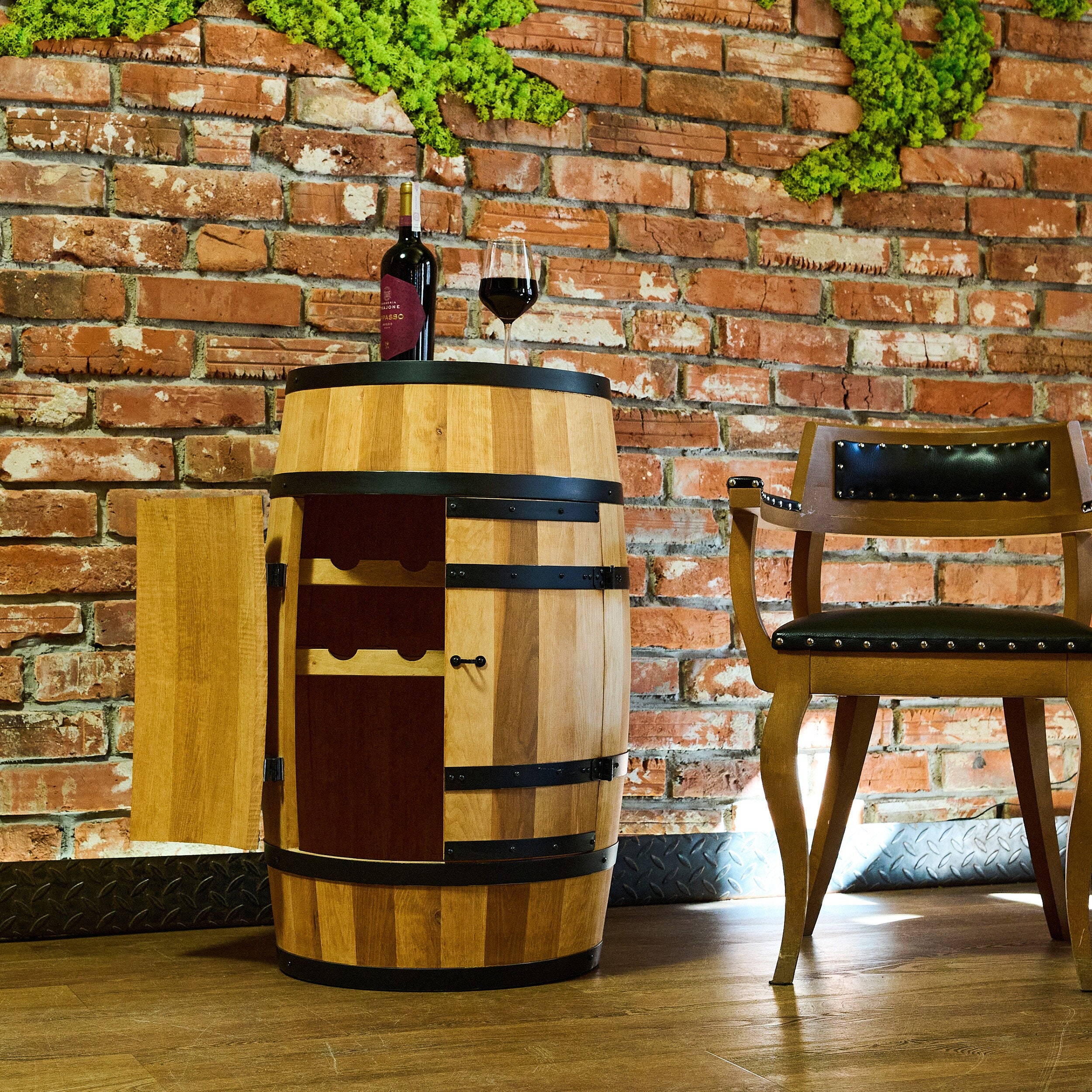 Wooden barrel cabinet with doors, wine rack with wine loungers, color oak