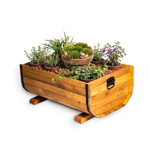 Op de afbeelding: Een rechthoekige houten plantenbak met gebogen zijkanten, zwarte metalen banden en een zwarte handgreep. De binnenkant is gevuld met bruine kleikorrels en diverse kleine potplanten, waaronder een centrale terracotta pot met groen mos.
