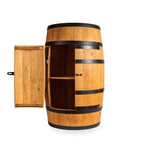 Wooden barrel cabinet with doors, wine rack with shelf, color oak