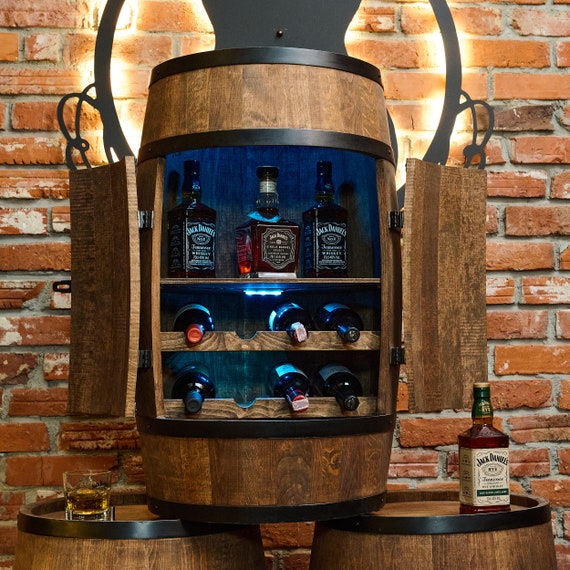 Cave à Vin Tonneau Bois Avec Éclairage LED - Meuble Bar Rétro 80cm - Étagère à Bouteilles Design