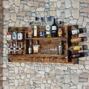 Wooden shelf with drinks dispenser | Alcohol wall dispenser station for 3 bottles | 120x60x14cm | Vintage & Rustic