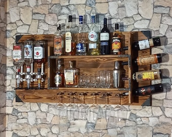 Wooden shelf with drinks dispenser | Alcohol wall dispenser station for 3 bottles | 120x60x14cm | Vintage & Rustic