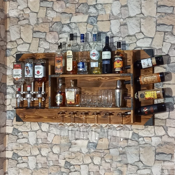 Étagère en bois avec distributeur de boissons | Station de distribution murale d'alcool pour 3 bouteilles | 120x60x14cm | Vintage et rustique