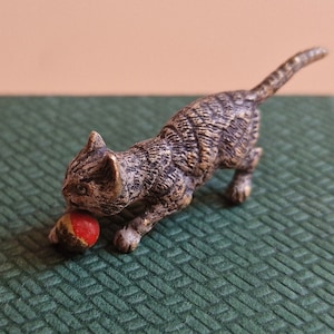 Antique Austrian Collectible Bronze Cat Playing with Ball Figurine, Bergman Style Bronze Miniature Figurine, 1910–1920
