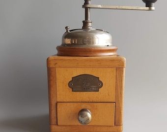 Vintage Wood Base Manual Coffee Grinder Gerauschlos, Antique Germany Wooden Coffee Mill