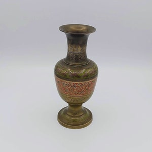 Vintage Indian Brass Vase, Floral Engravings Brass Vase