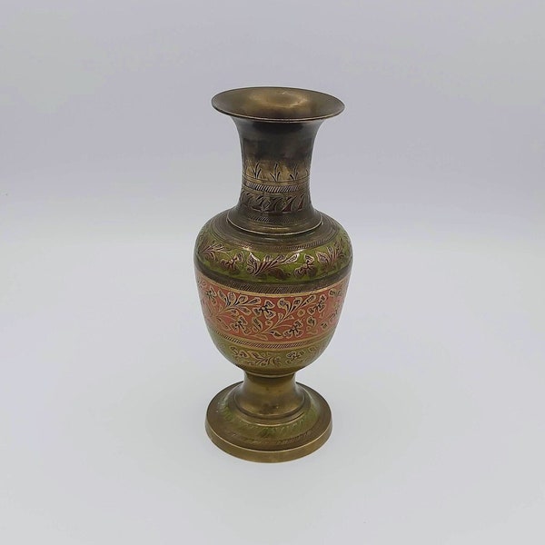 Vintage Indian Brass Vase, Floral Engravings Brass Vase