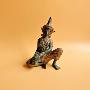 Vintage Massive Bronze Statue Thai Musician Playing Rammana Drum Instrument, Antique Gilt Bronze Thai Prince Musician Figure