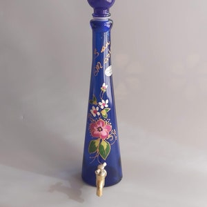ヴィンテージ Decorato A Mano ハンドペイント コバルトブルー ガラス デカンタ ディスペンサー付き
