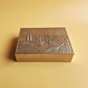 Vintage Dutch Wooden Tobacco Box, Embossed Silver Tone Metal Trinket  Box