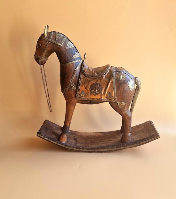 Vintage Indian Hand Carved Wooden Rocking Horse Figure, Brass and