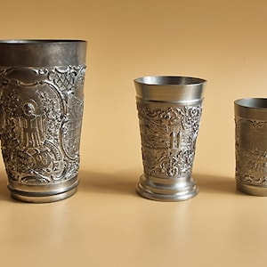 Vintage Pewter Cups Ornate Set Of 3, German Tin Embossed Glasses , Vintage Zinn Goblets