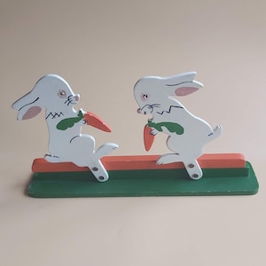 Vintage Handmade Wooden Toy With Two Movable Rabbits, Hand Painted Wooden Decoration