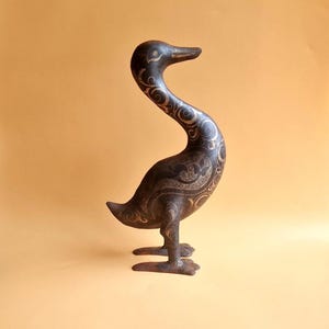 Vintage Asian Style Metal Duck Figurine Finely Engraved Patterns, Antique Handmade Bird Sculpture