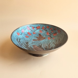 Vintage Large Brass Fruit Bowl Engraved Birds, Indian Hand Painted Etched Brass Dish