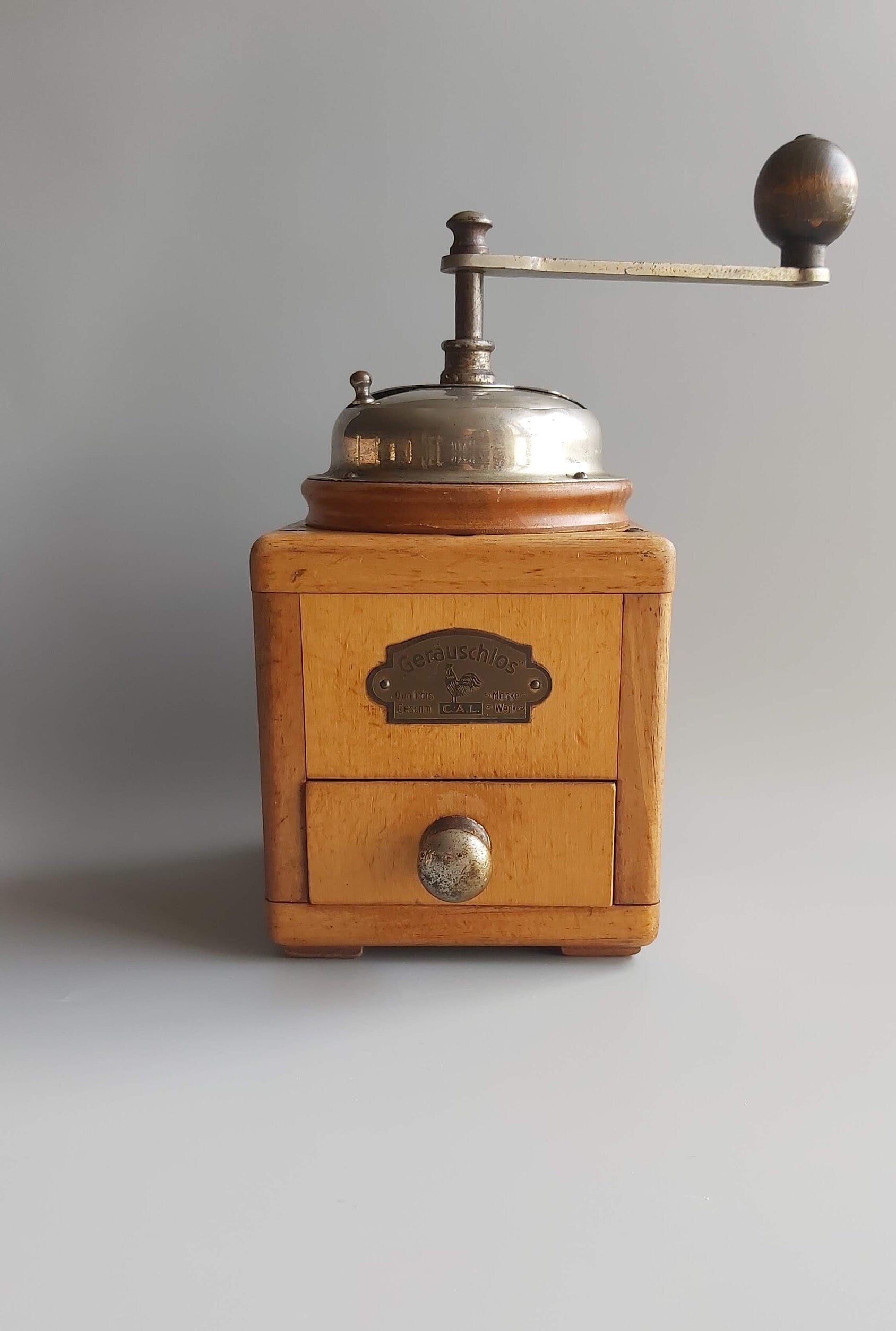 Vintage Wood Base Manual Coffee Grinder Gerauschlos, Antique Germany Wooden Coffee Mill