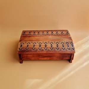 Vintage Hand Pyrographed Wooden Box, Small Treasure Chest, Wooden Storage Box