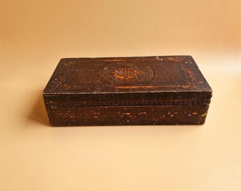 Vintage Pyrography Hand-Made Wooden Box, Traditional Bulgarian Storage Box