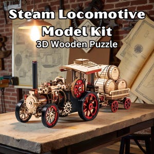 May include: A 3D wooden puzzle model kit of a steam locomotive. The model is made of wood and has a black and red colour scheme. The locomotive is pulling a train of wooden barrels. The model is on a wooden table. The text "Steam Locomotive Model Kit 3D Wooden Puzzle" is displayed above the model.