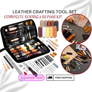 Premium Leather Crafting Tool Set: Complete Sewing and Repair Kit with Waxed Thread, Awl, Punches, and Needles for Pros and Beginners